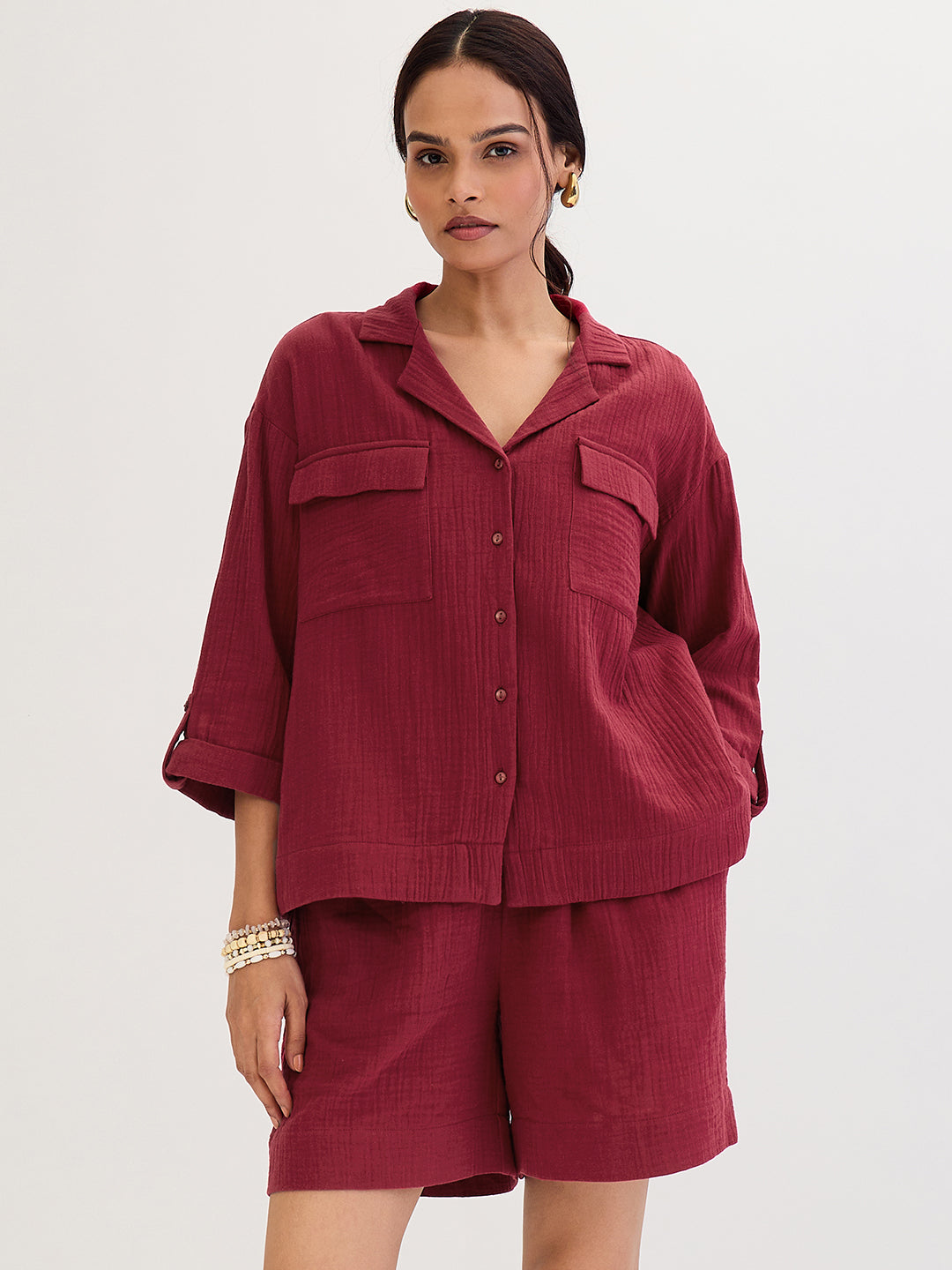 Cotton Gauze Cranberry Short Co-Ord Set