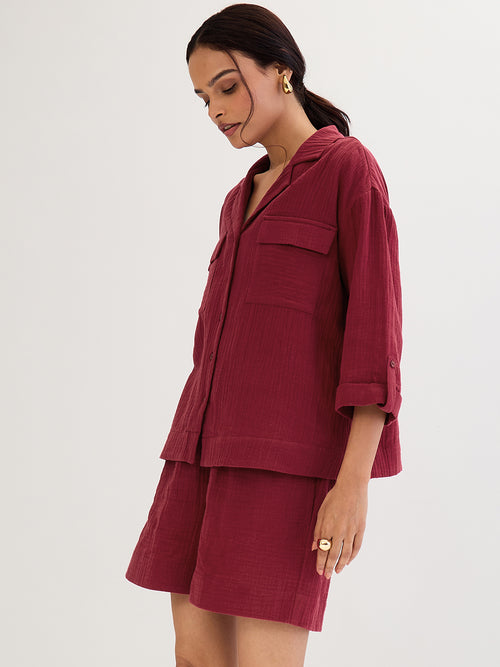 Cotton Gauze Cranberry Short Co-Ord Set