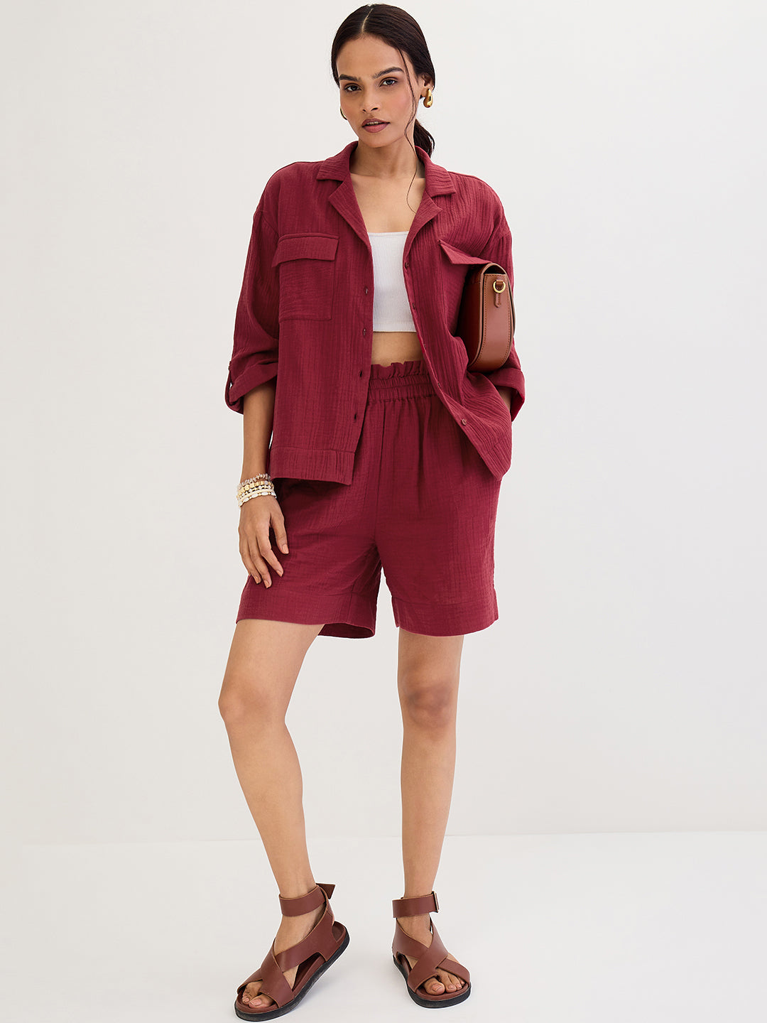 Cotton Gauze Cranberry Short Co-Ord Set