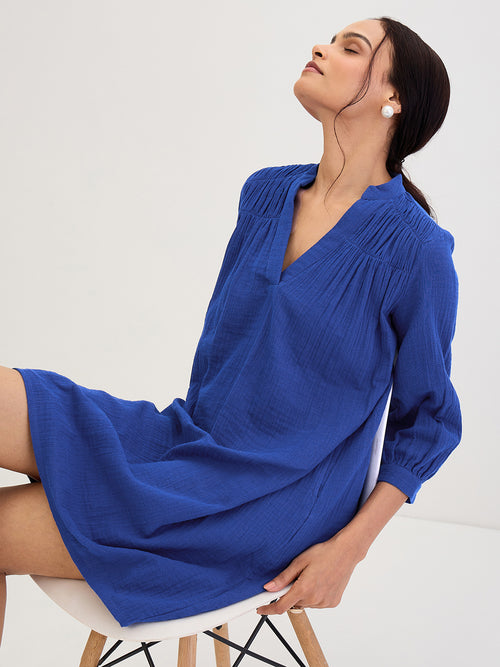 Cotton Gauze Royal Blue Sheath Knee Length Dress