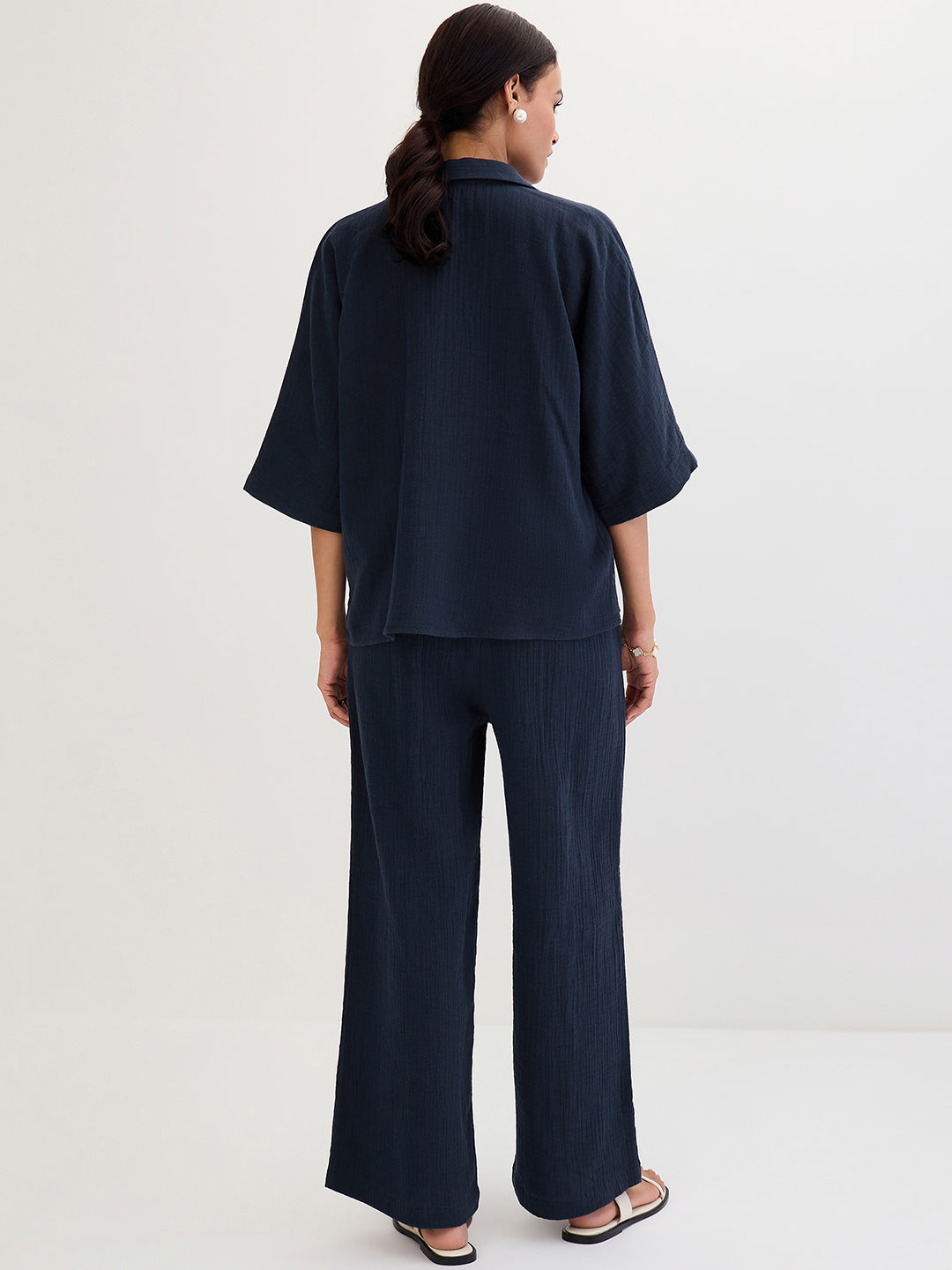 Cotton Gauze Navy Kimono Sleeve Co-Ord Set