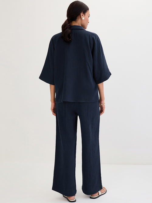 Cotton Gauze Navy Kimono Sleeve Co-Ord Set