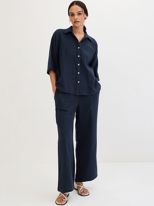 Cotton Gauze Navy Kimono Sleeve Co-Ord Set