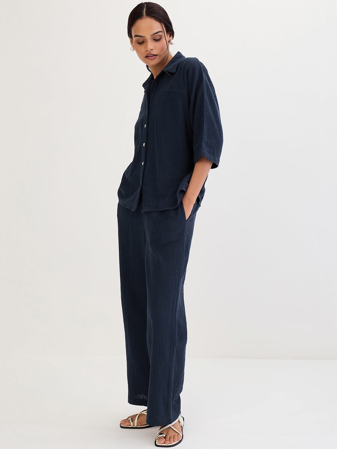 Cotton Gauze Navy Kimono Sleeve Co-Ord Set