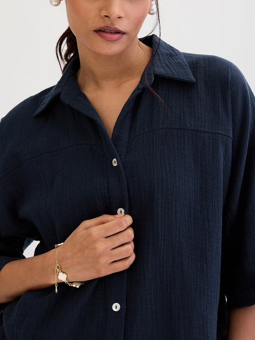 Cotton Gauze Navy Kimono Sleeve Co-Ord Set