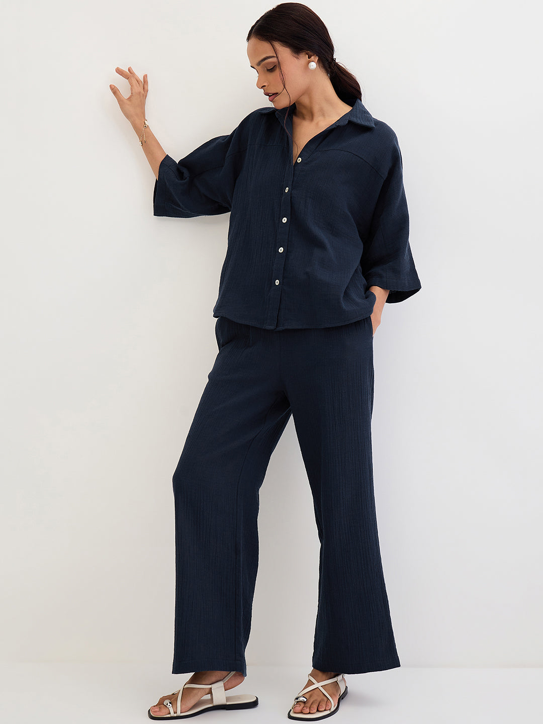 Cotton Gauze Navy Kimono Sleeve Co-Ord Set