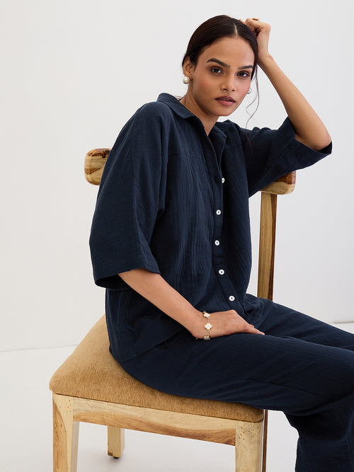 Cotton Gauze Navy Kimono Sleeve Co-Ord Set