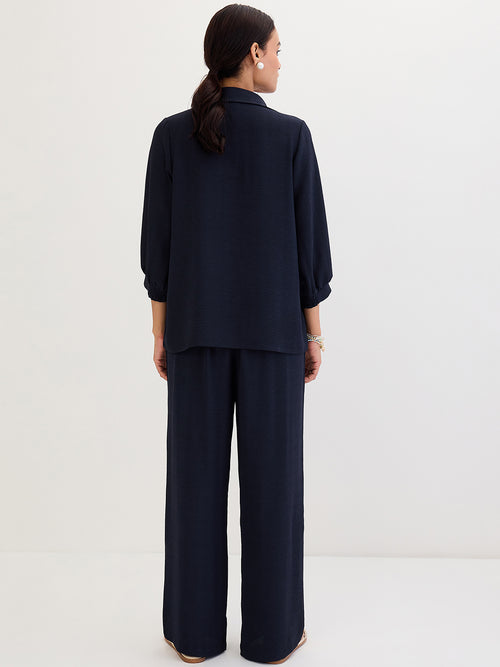 Navy Collared Pin-Tucks Detail Co-Ord Set