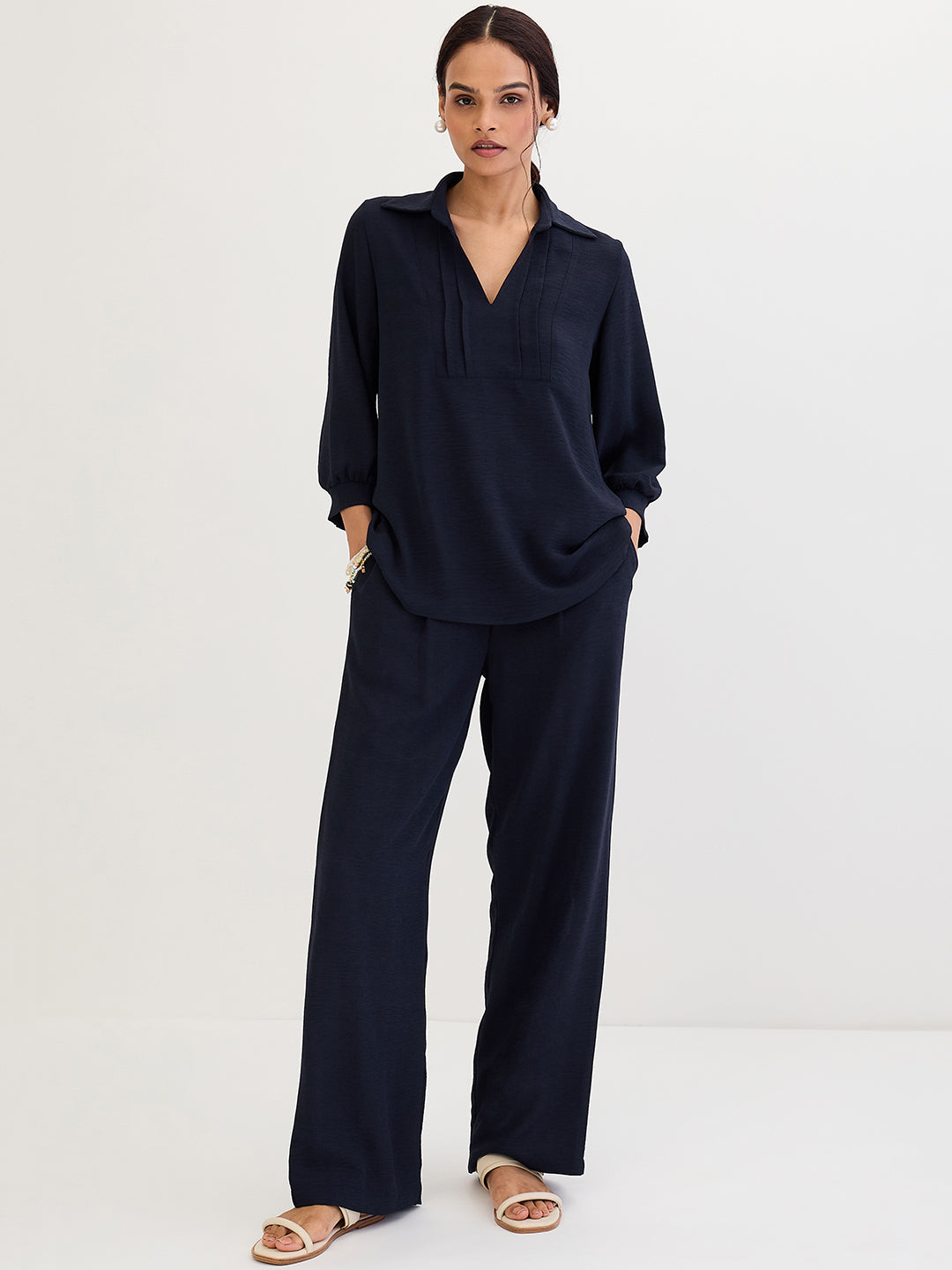 Navy Collared Pin-Tucks Detail Co-Ord Set