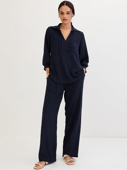 Navy Collared Pin-Tucks Detail Co-Ord Set