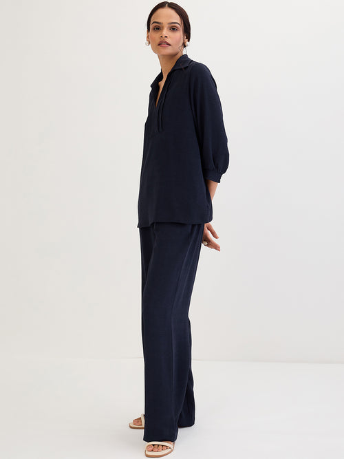 Navy Collared Pin-Tucks Detail Co-Ord Set