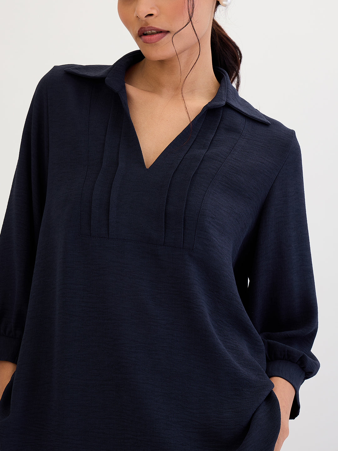 Navy Collared Pin-Tucks Detail Co-Ord Set