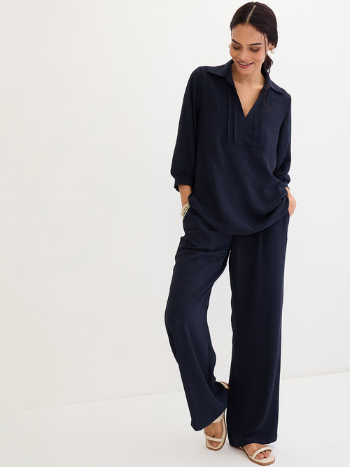 Navy Collared Pin-Tucks Detail Co-Ord Set