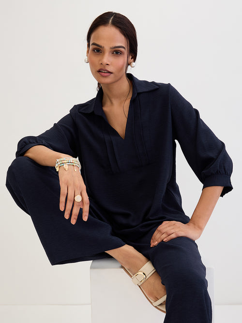 Navy Collared Pin-Tucks Detail Co-Ord Set
