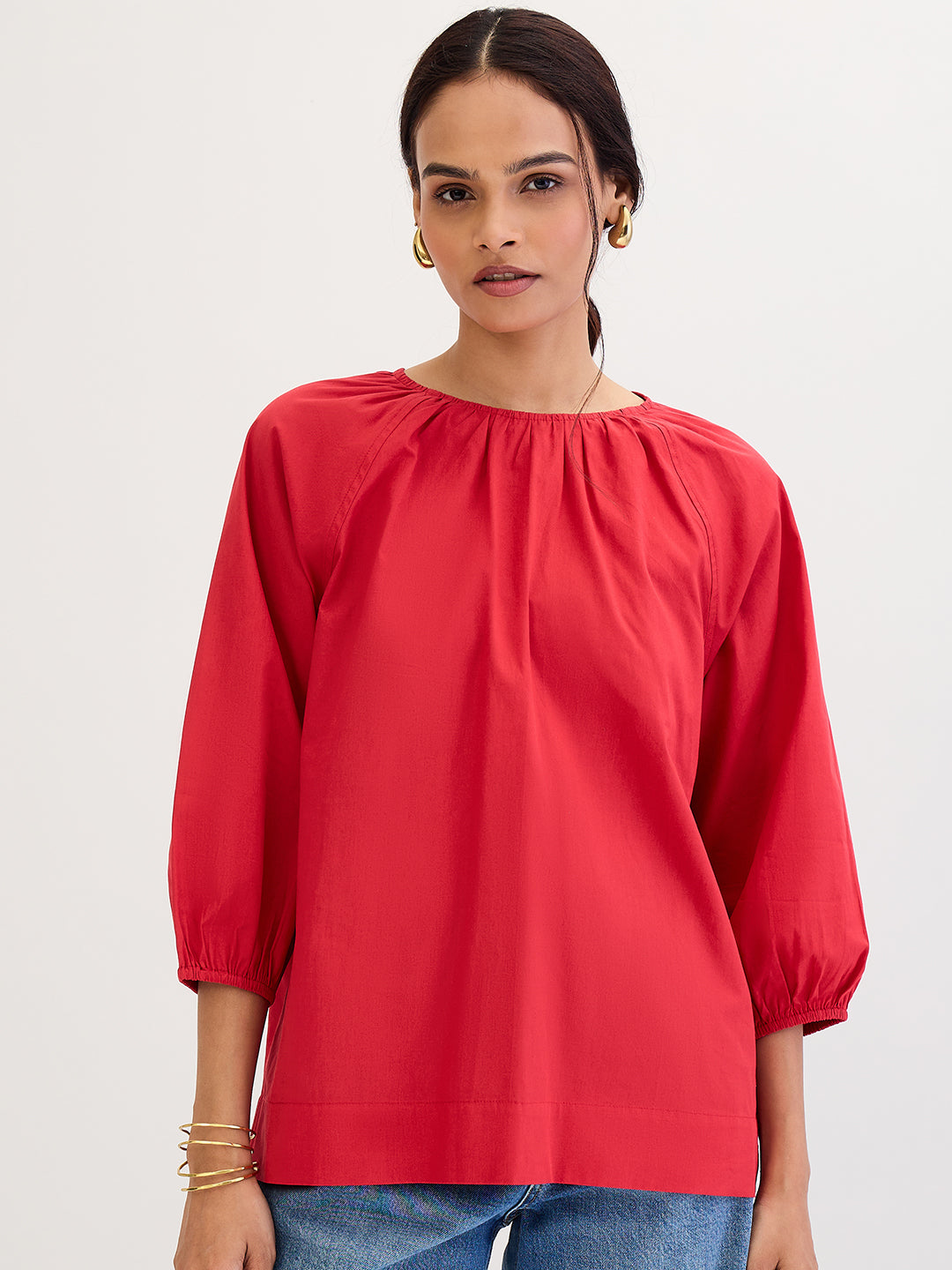 Red Poplin Back Tie-Up Top