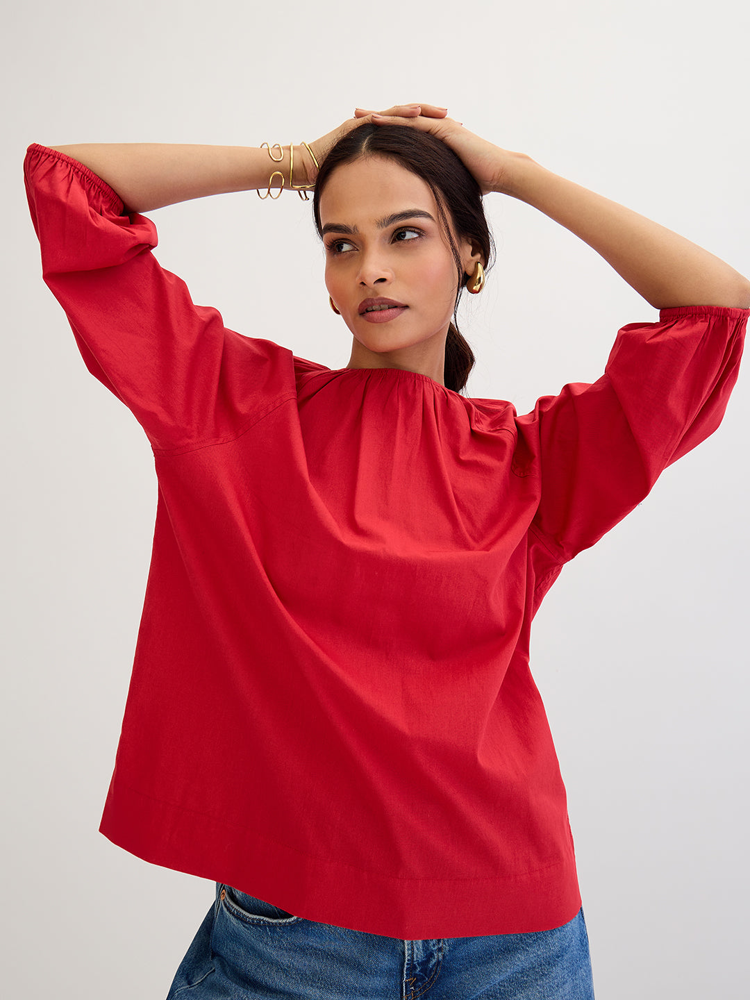 Red Poplin Back Tie-Up Top