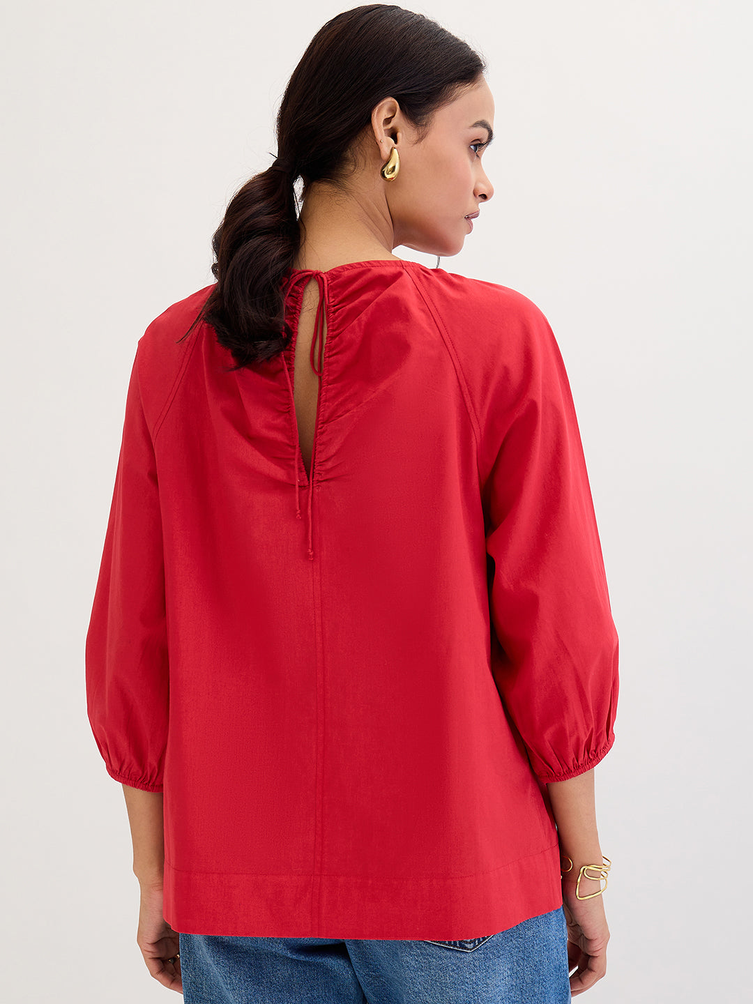 Red Poplin Back Tie-Up Top