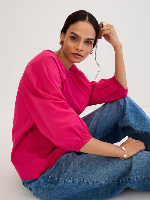 Hot Pink Poplin Back Tie-Up Top
