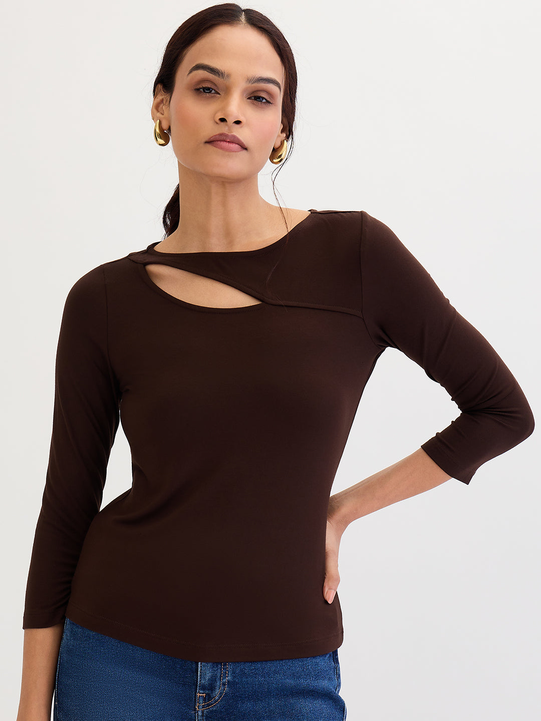 Coffee Brown Modal Knit Cutout detail Top