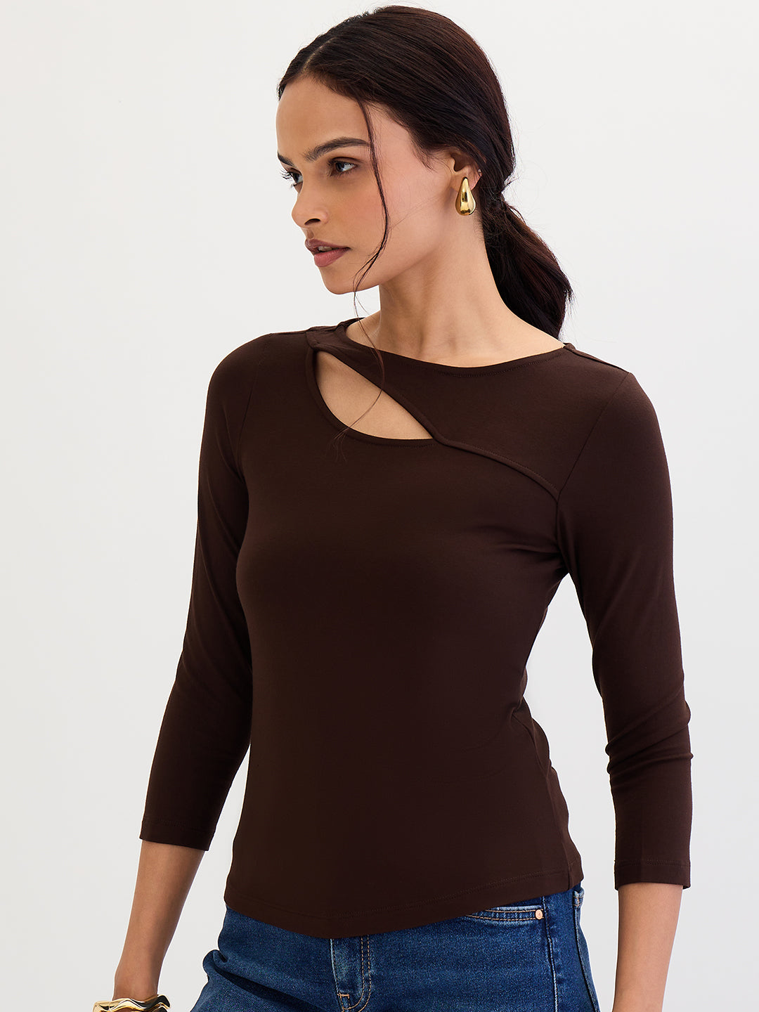 Coffee Brown Modal Knit Cutout detail Top