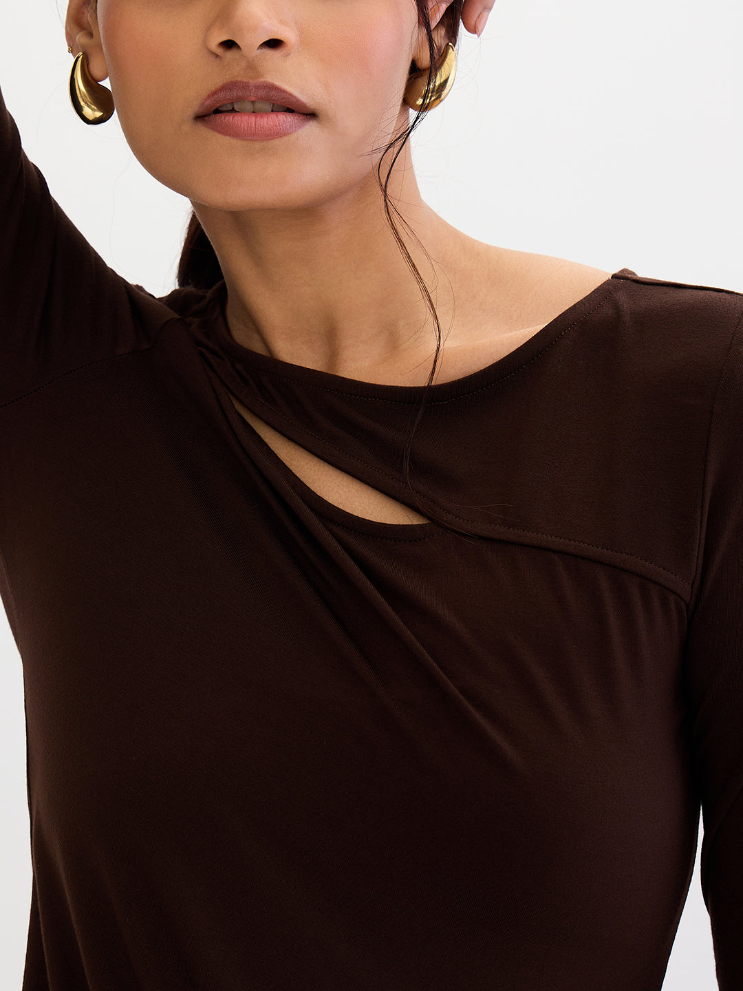 Coffee Brown Modal Knit Cutout detail Top