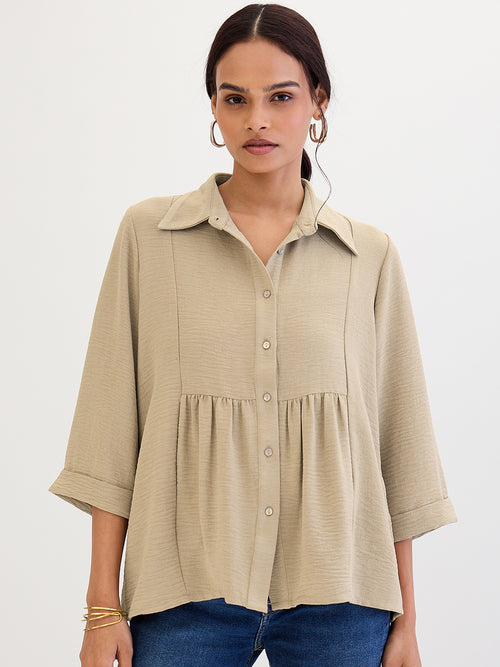 Beige Gathered Waist Shirt