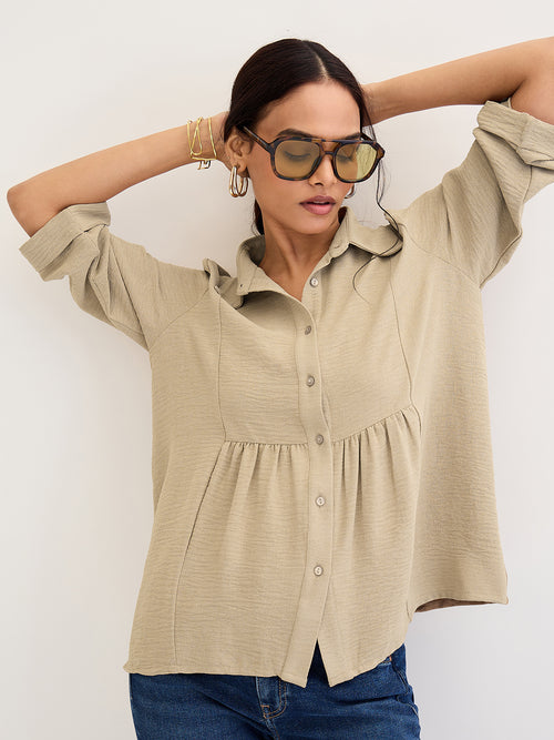 Beige Gathered Waist Shirt
