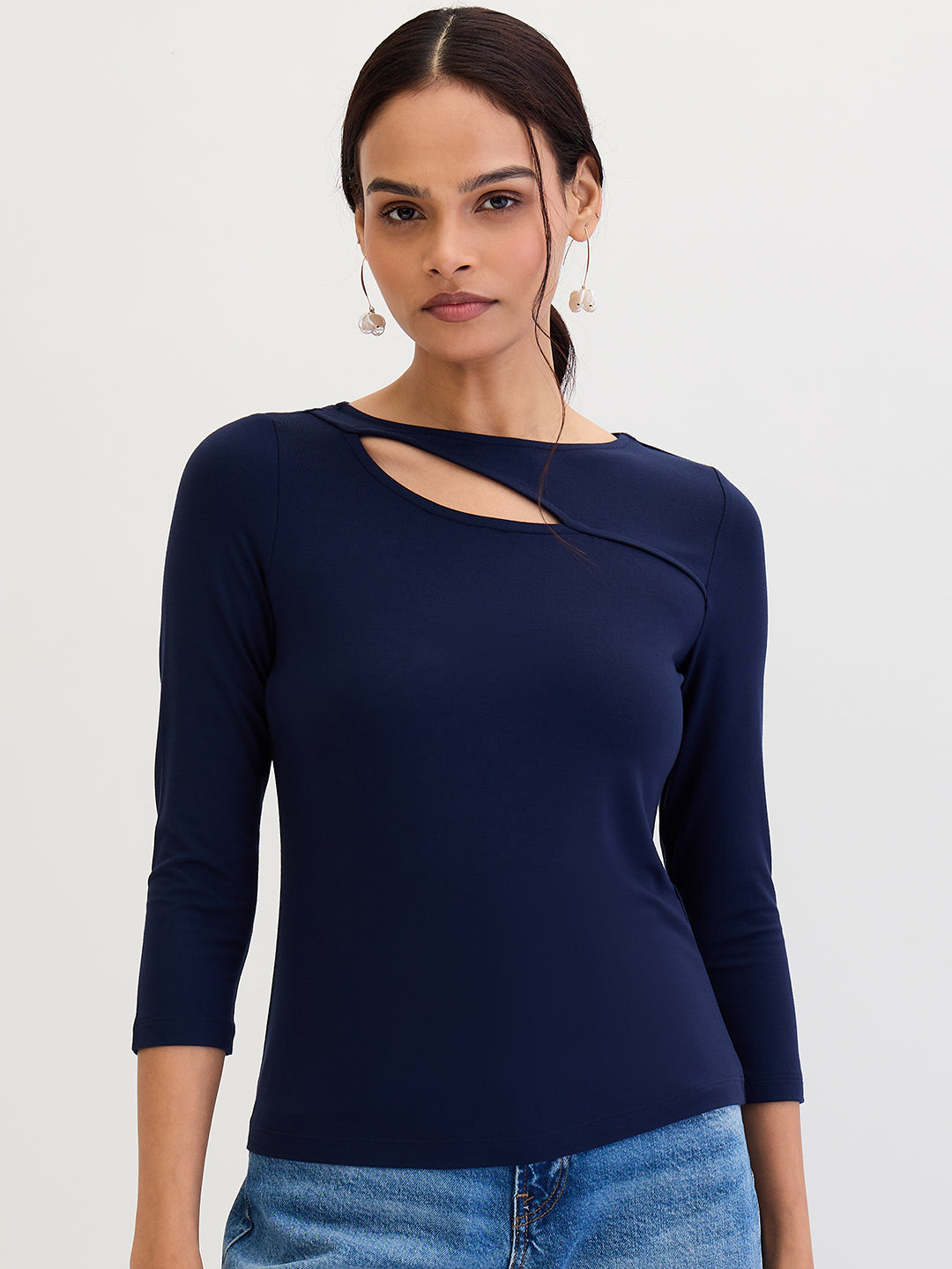 Navy Blue Modal Knit Cutout detail Top