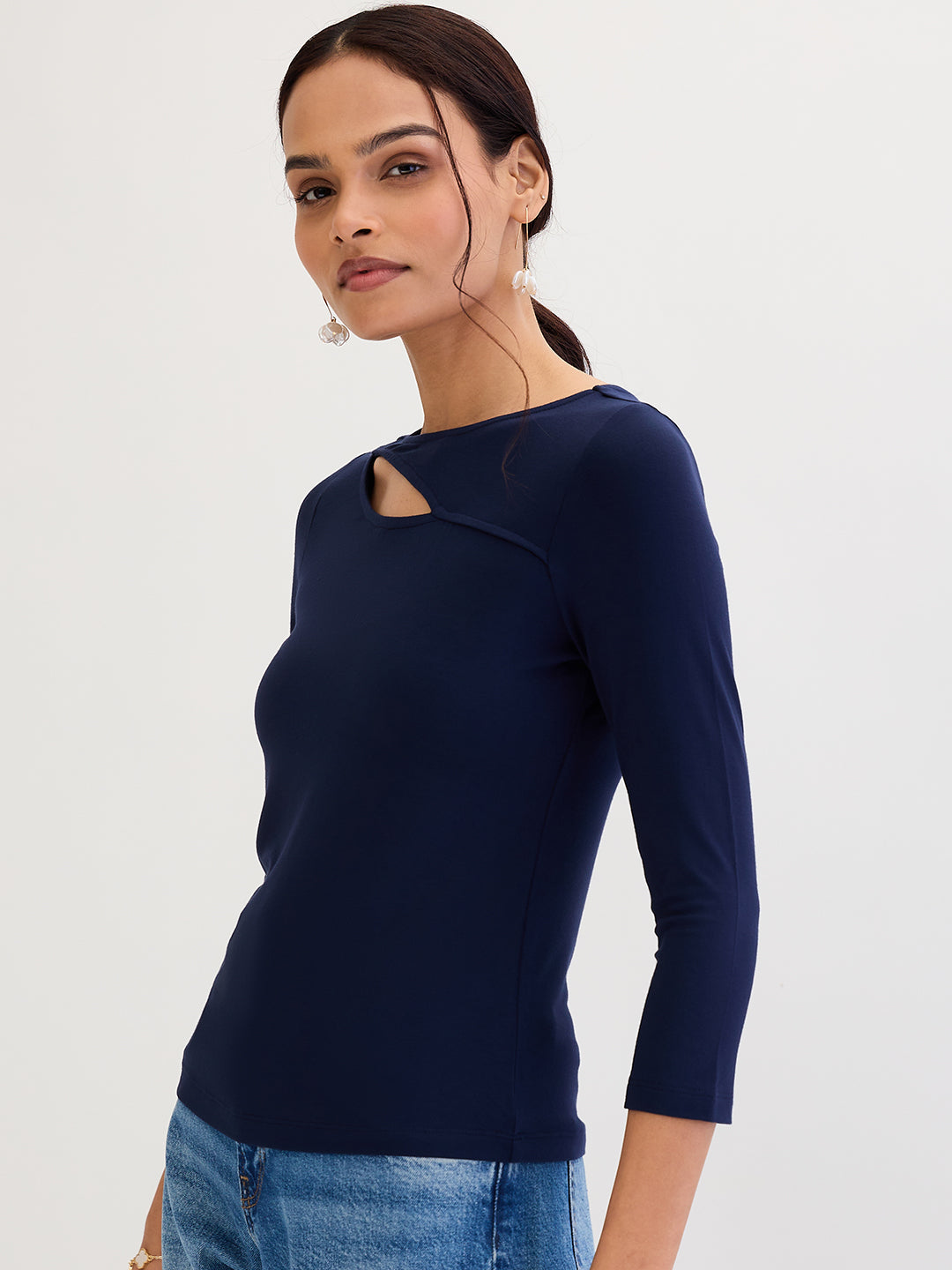 Navy Blue Modal Knit Cutout detail Top