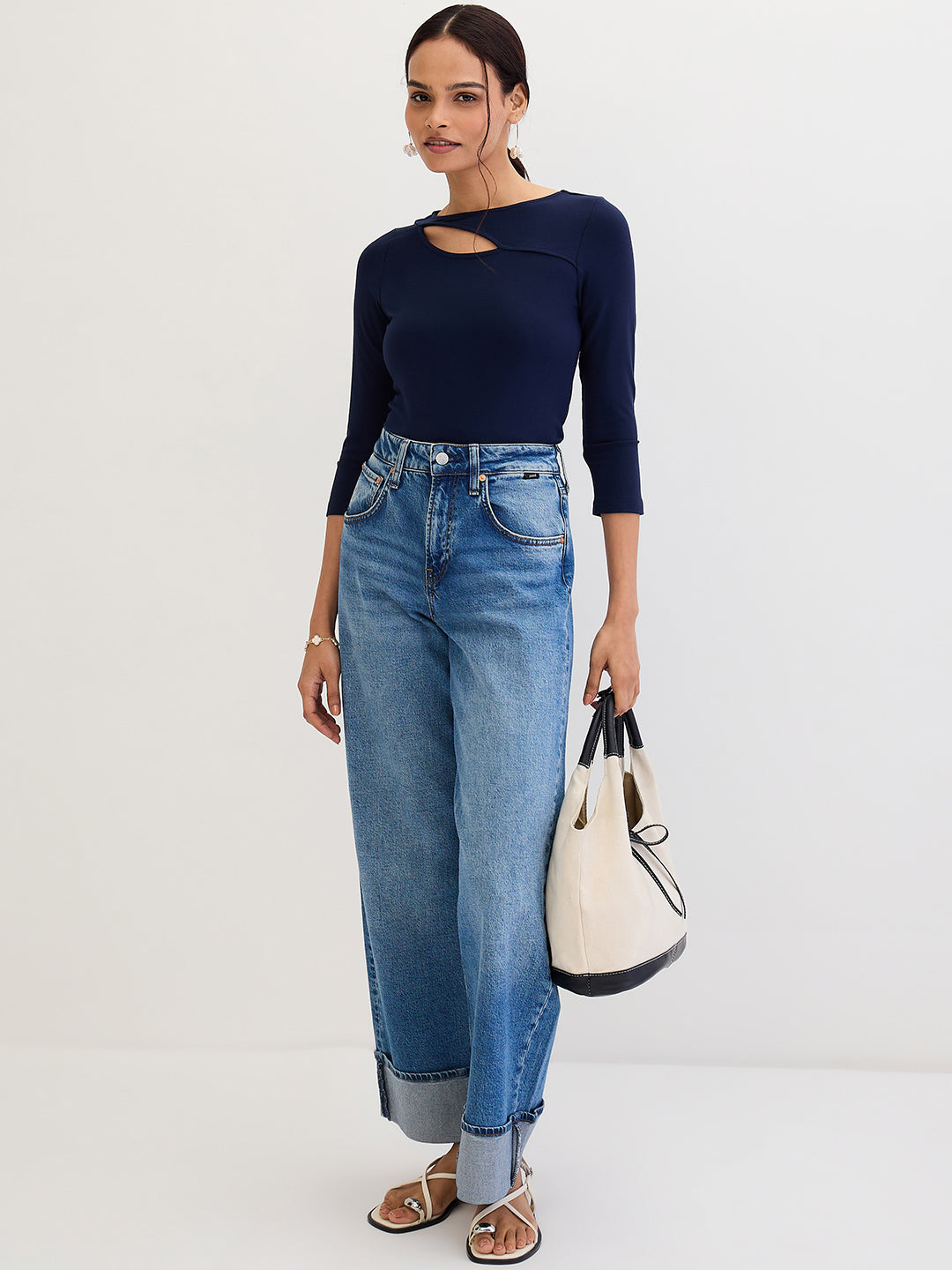 Navy Blue Modal Knit Cutout detail Top