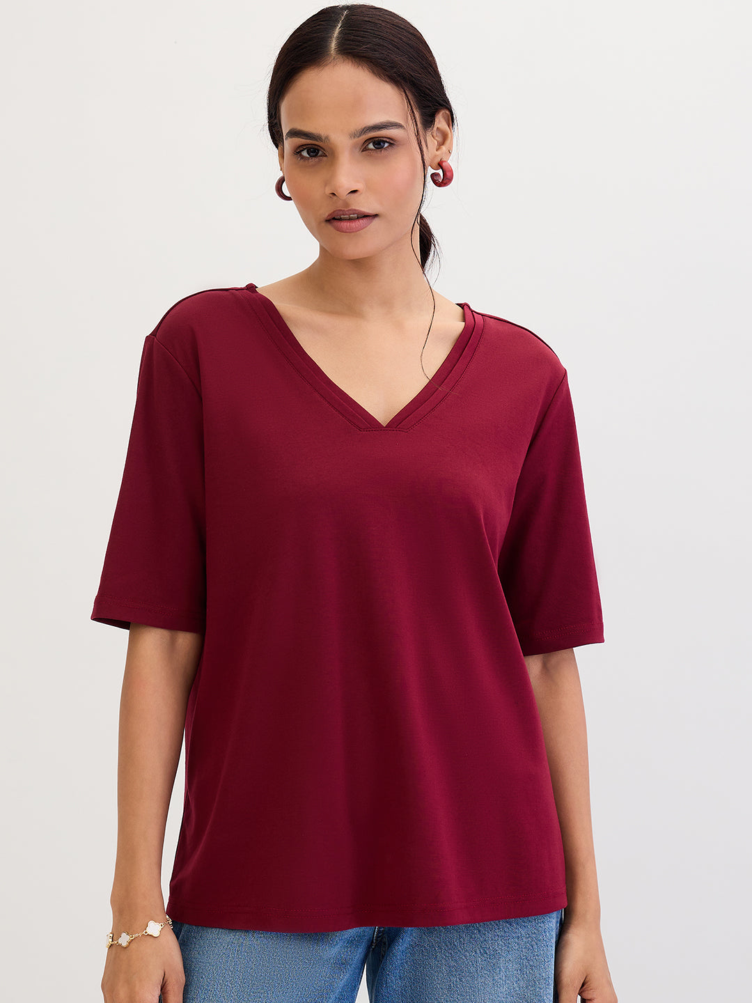 Maroon V-Neck Basic T- Shirt