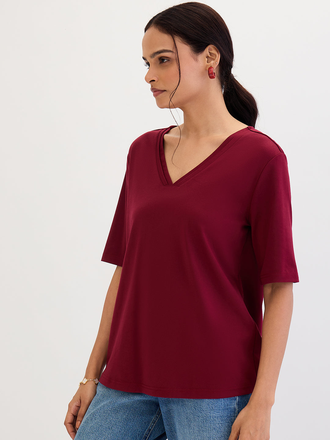 Maroon V-Neck Basic T- Shirt