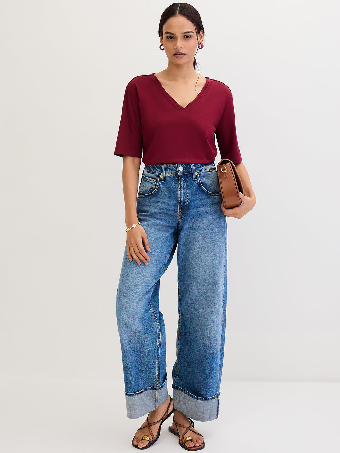 Maroon V-Neck Basic T- Shirt