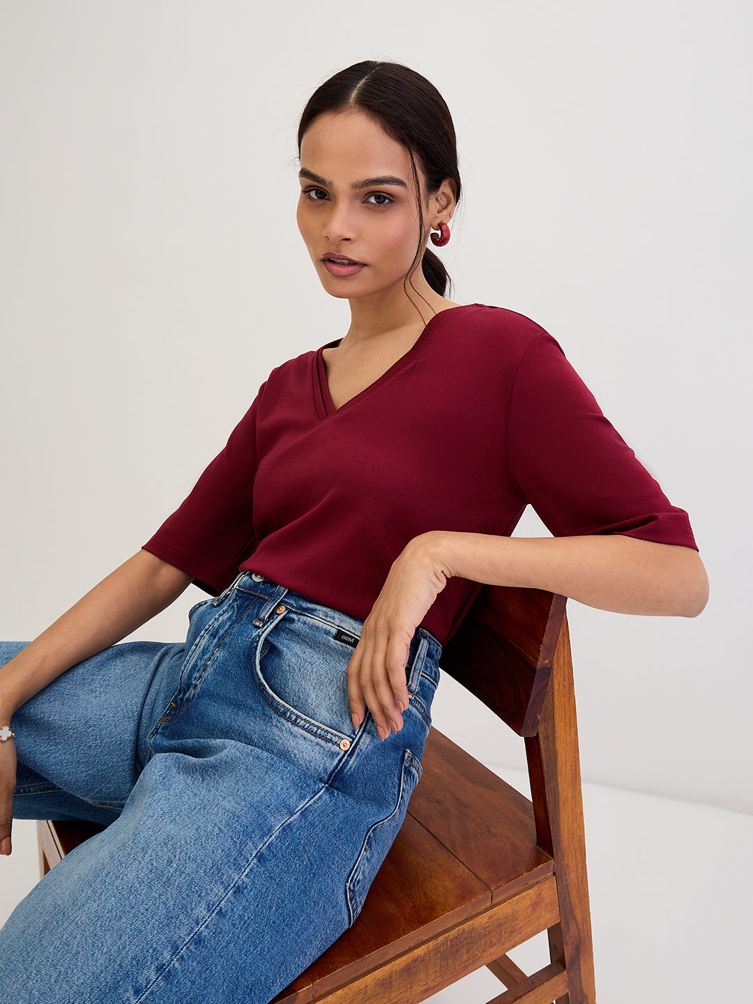 Maroon V-Neck Basic T- Shirt