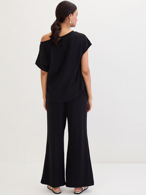 Black Cotton Knit One Shoulder Co-Ord Set
