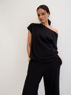 Black Cotton Knit One Shoulder Co-Ord Set