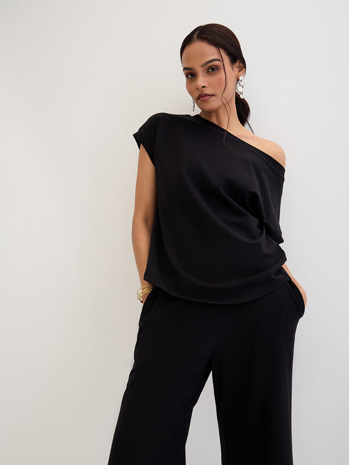 Black Cotton Knit One Shoulder Co-Ord Set