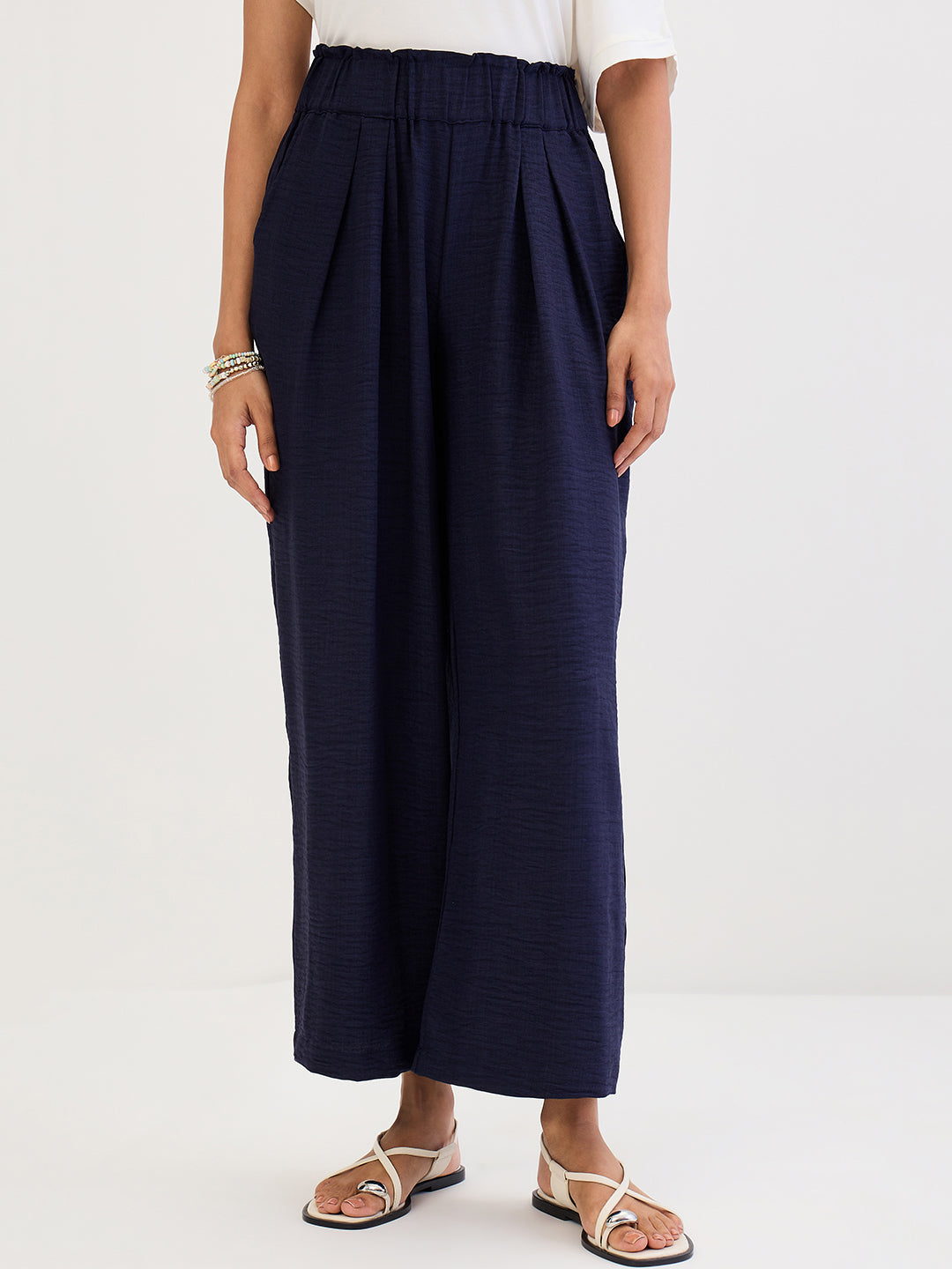 Navy Wide-Leg Pleat Detail Pants