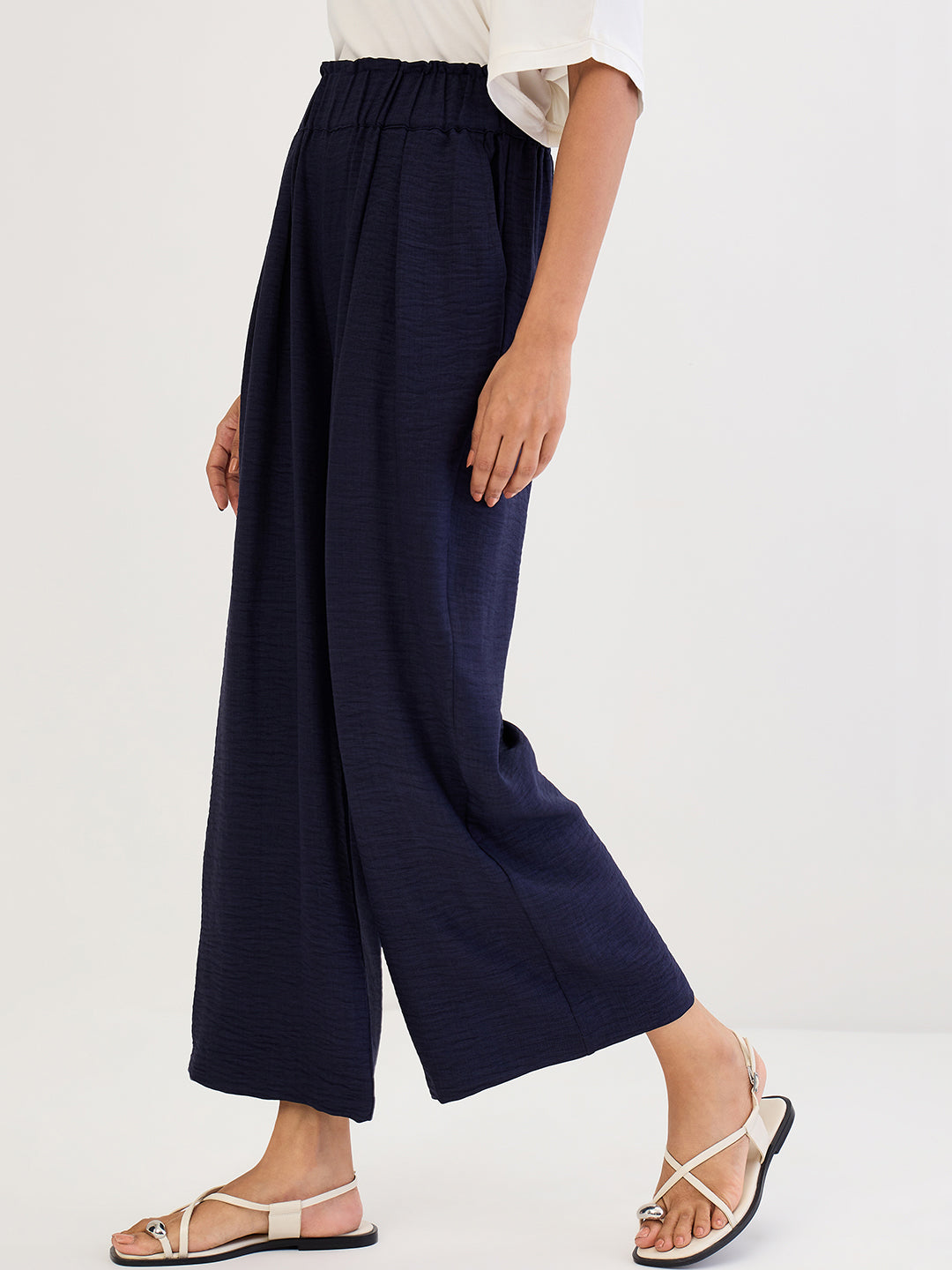 Navy Wide-Leg Pleat Detail Pants