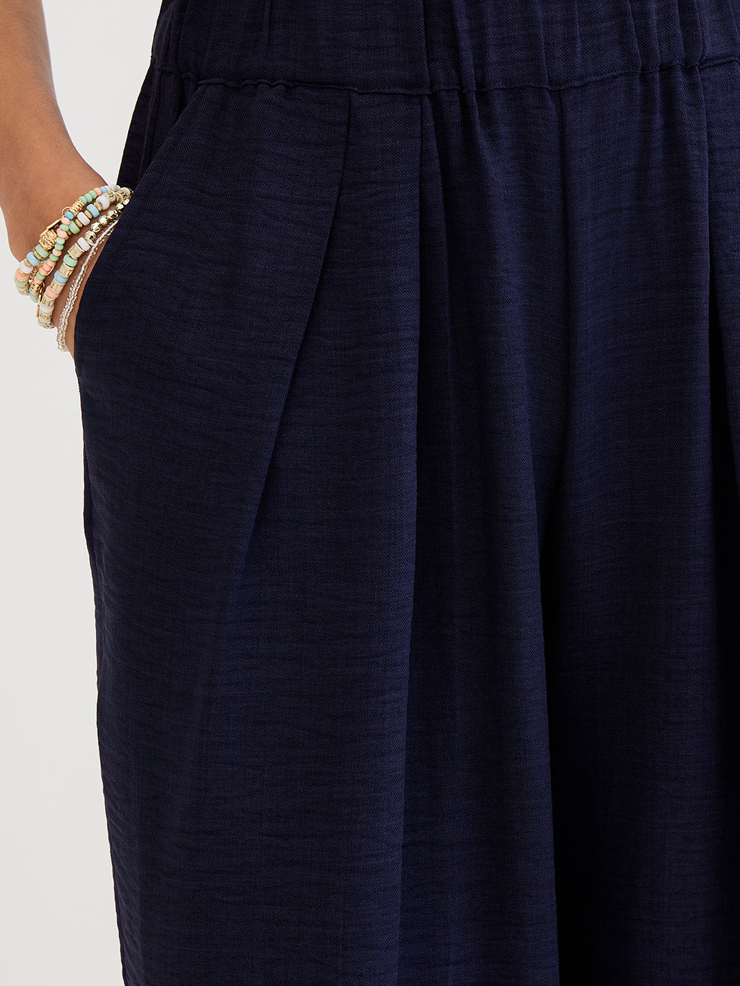 Navy Wide-Leg Pleat Detail Pants