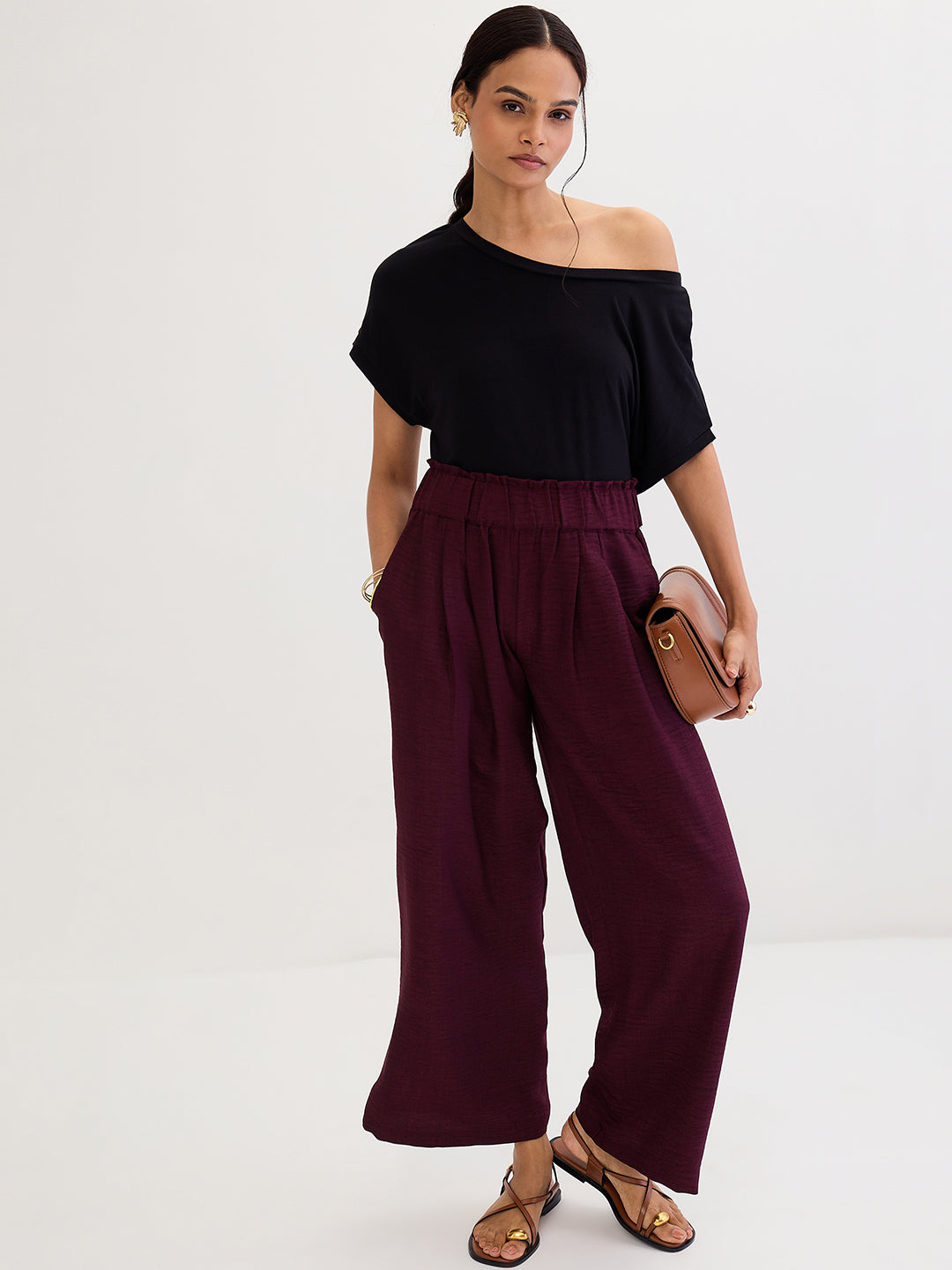 Wine Wide-Leg Pleat Detail Pants