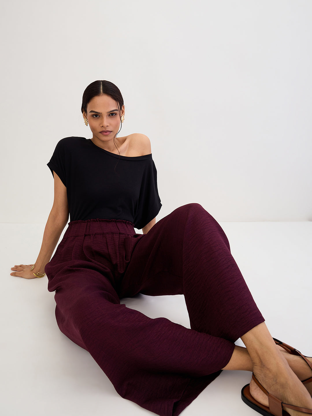 Wine Wide-Leg Pleat Detail Pants