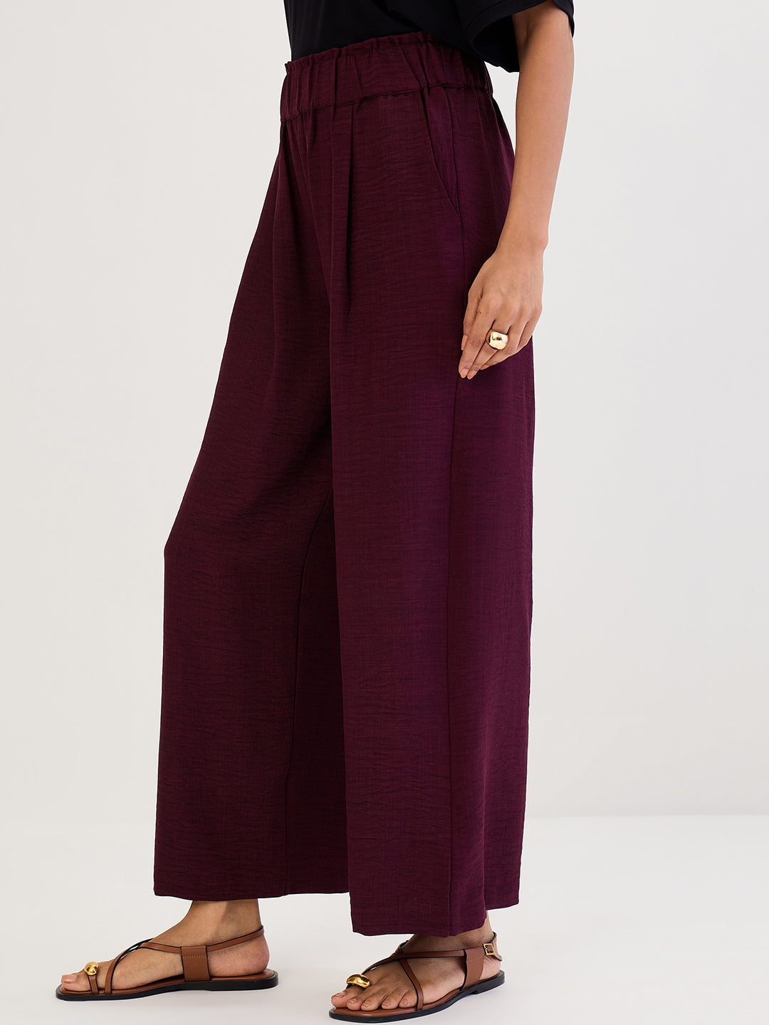 Wine Wide-Leg Pleat Detail Pants