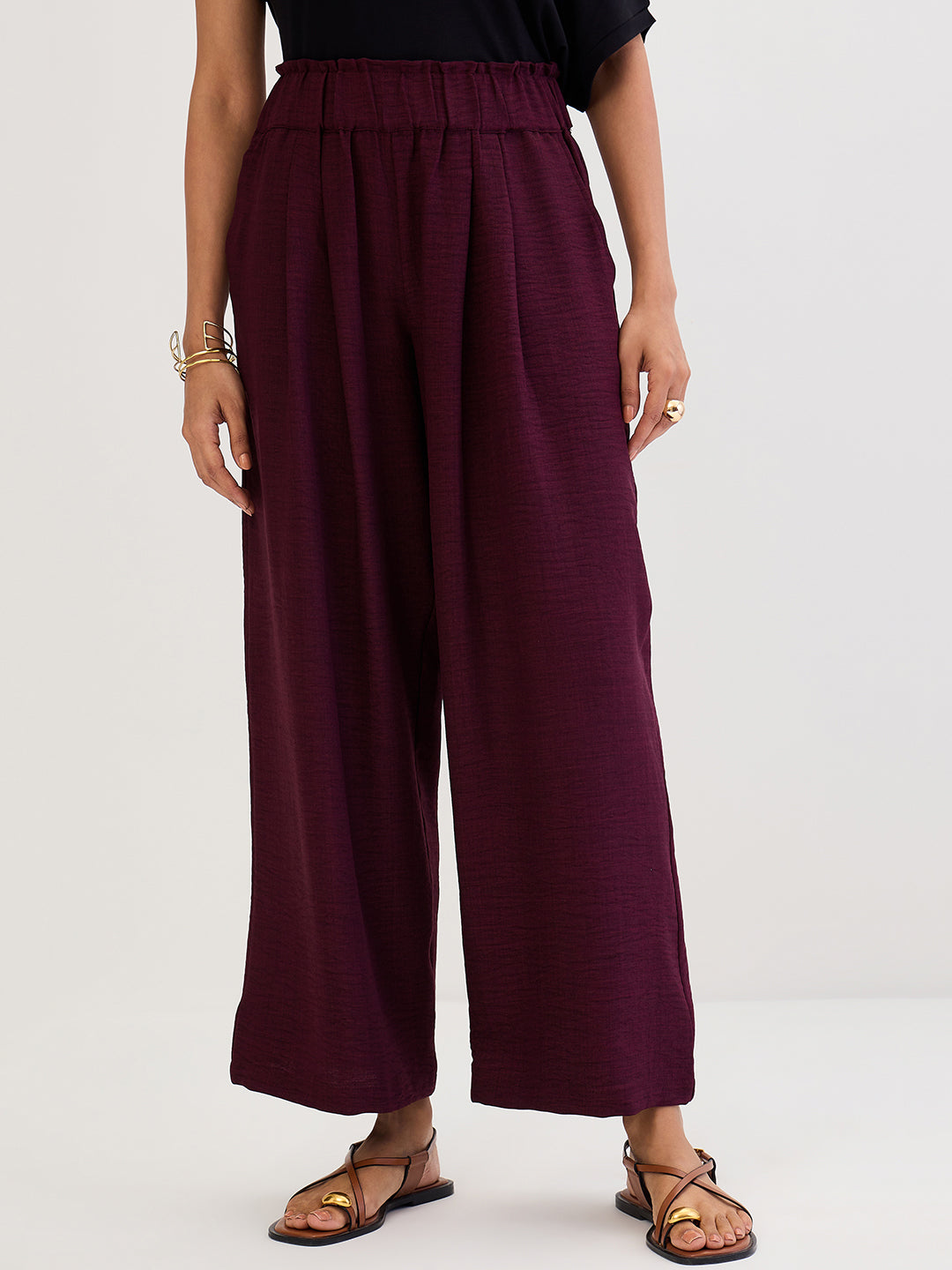 Wine Wide-Leg Pleat Detail Pants