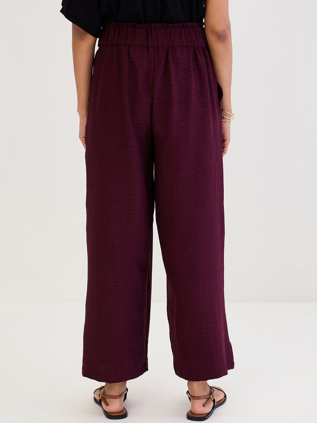 Wine Wide-Leg Pleat Detail Pants