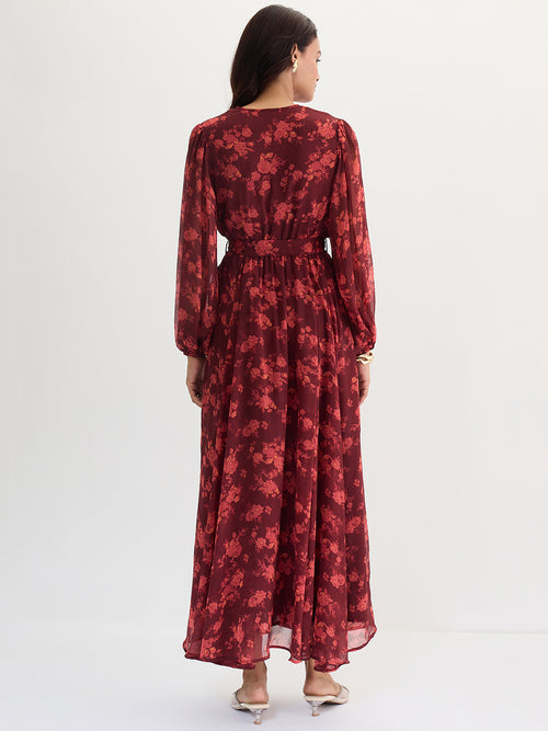 Maroon Floral Print Wrap Maxi Dress
