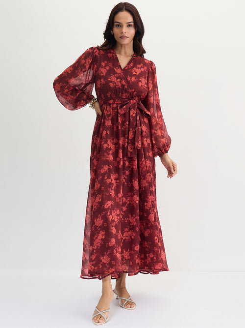 Maroon Floral Print Wrap Maxi Dress