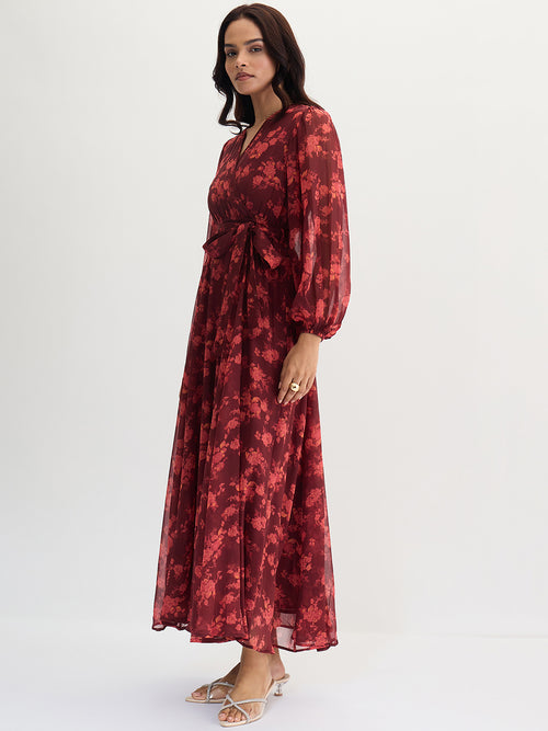 Maroon Floral Print Wrap Maxi Dress