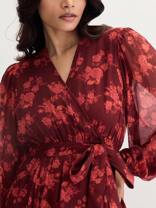 Maroon Floral Print Wrap Maxi Dress
