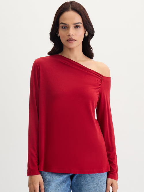 Bamboo Deep Red Knit One Shoulder Top